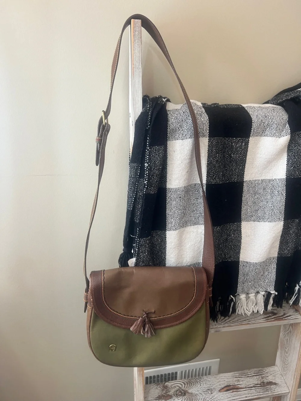 Etienne Aigner Olive and Brown Leather-Trim Crossbody Saddle Bag